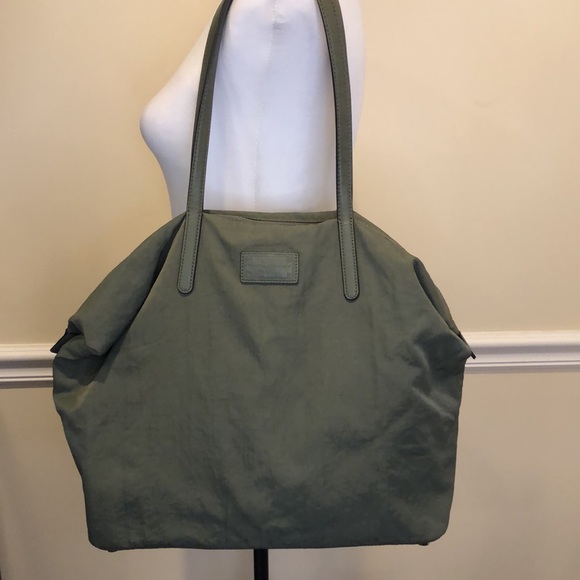 REBECCA MINKOFF Olive Green Nylon Top Zipper Shoulder Bag Leather Straps